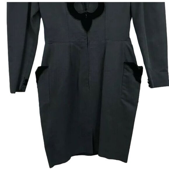 Isabel Allard Size 12 1980s Velvet Trim Puff Sleeve Tulip Dress Semi Sheer - Picture 3 of 8